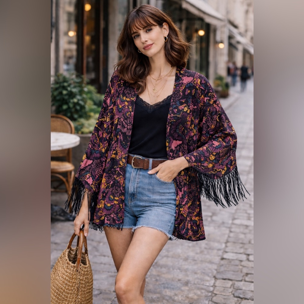 Somedays Lovin Printed Fringe Kimono – Boho Statement Layer Size XS